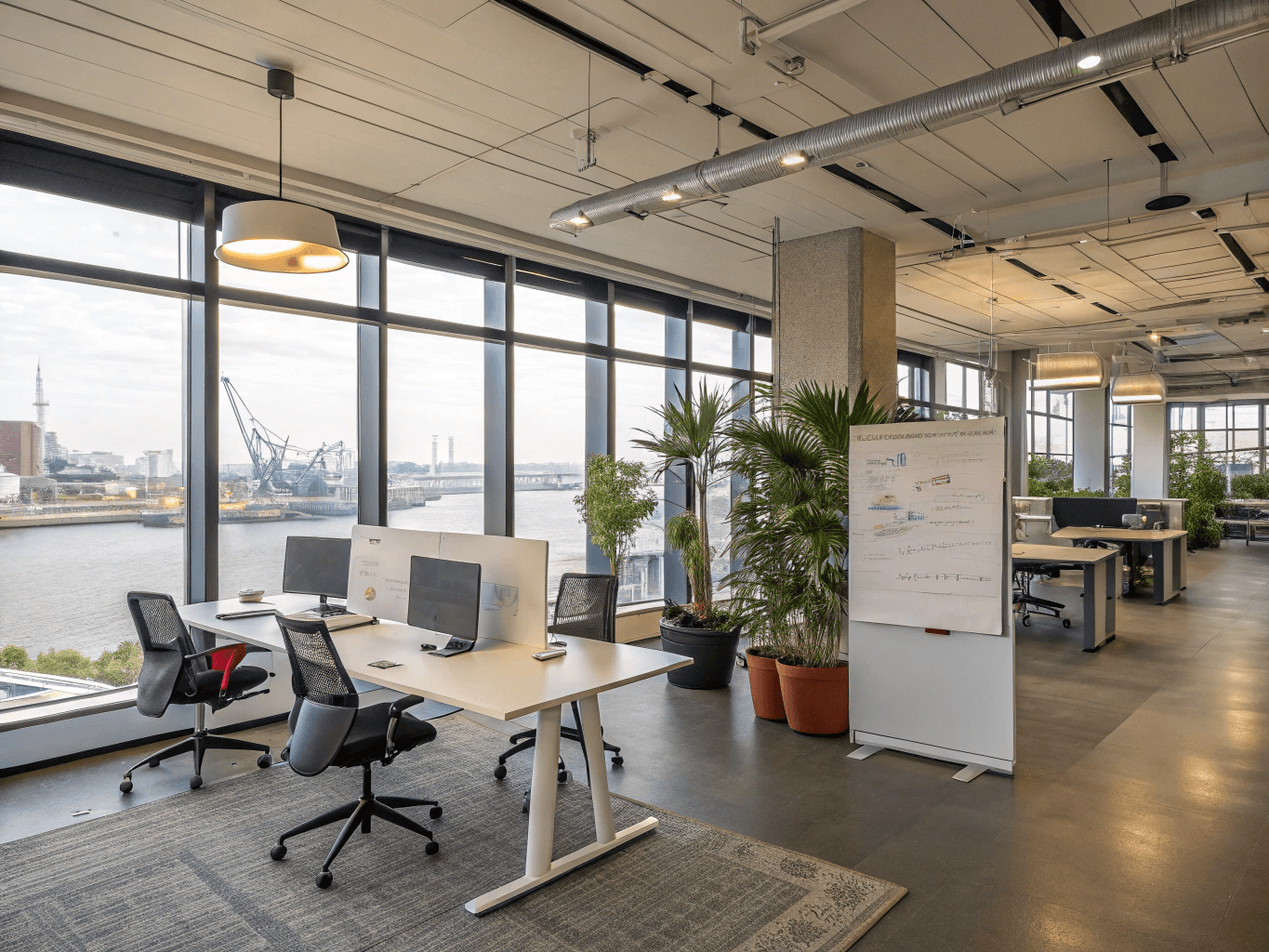 Modern office overlooking the Elbe river in Hamburg