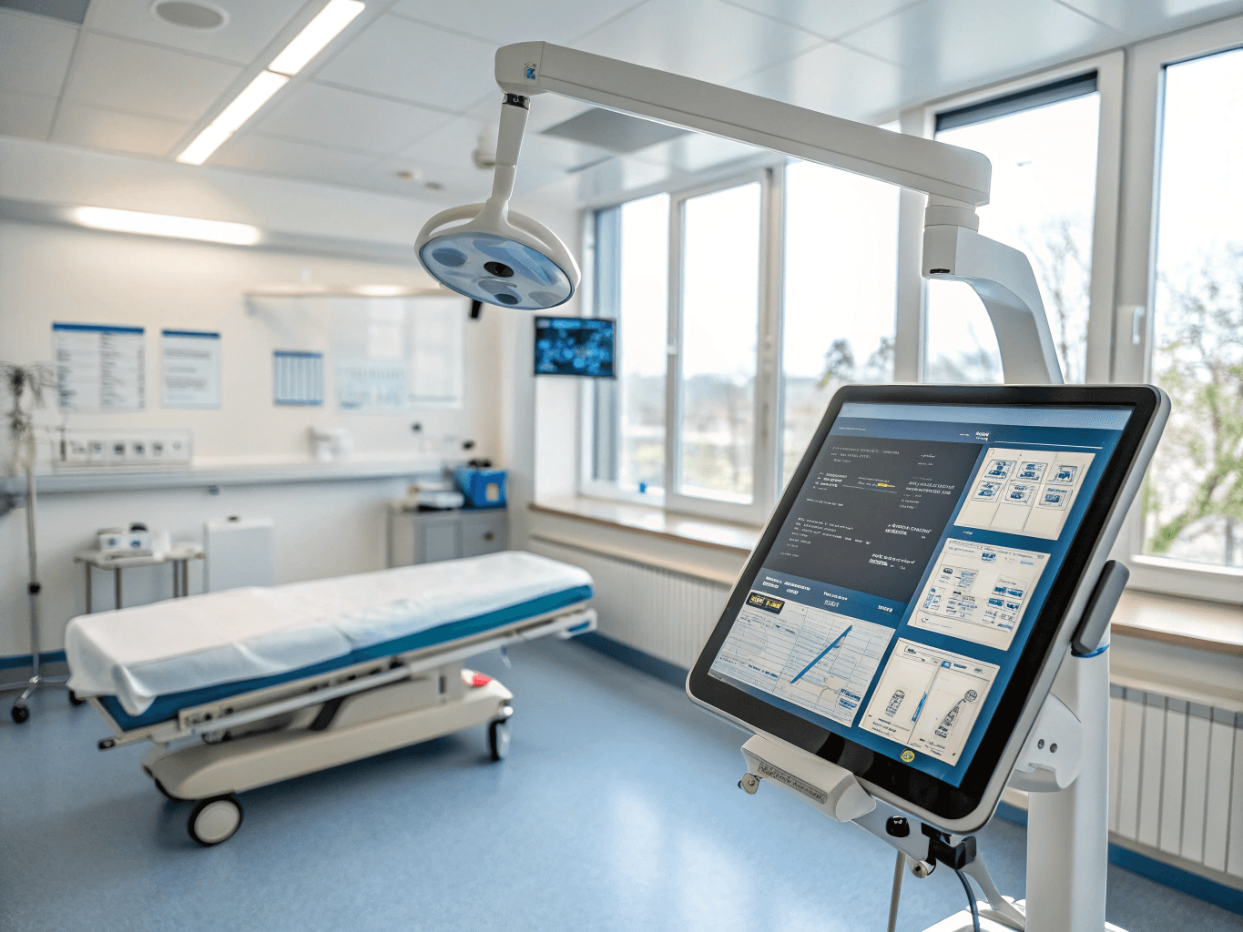 Modern medical examination room with digital dashboard tablet